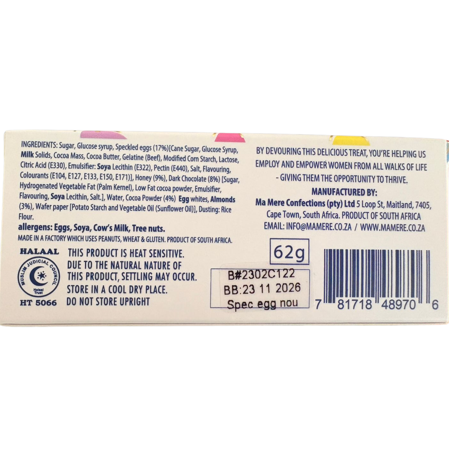 MaMere Luxury Chocolate Nougat Bar with Roasted Almonds & Speckled Eggs (62g) – Gourmet Confectionery