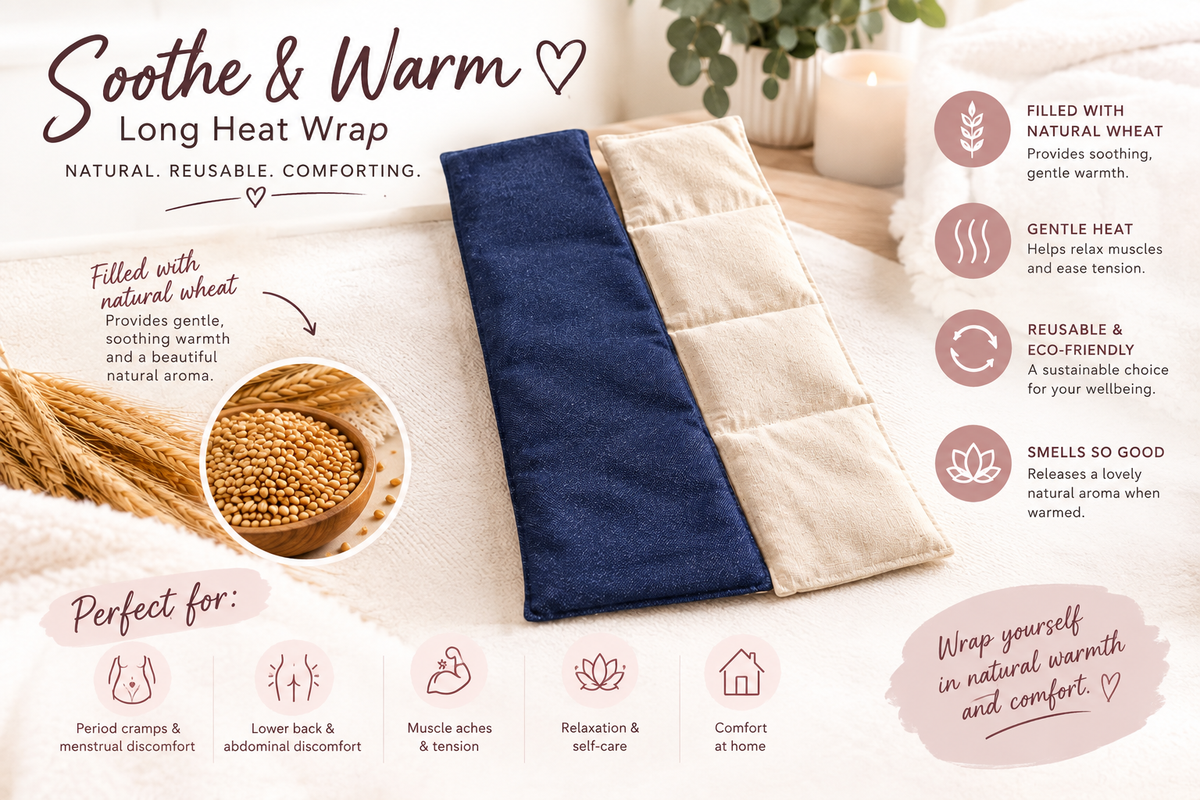 Soothe & Warm Microwavable Heat Therapy Wrap with Denim Storage Sleeve | Reusable Heat Bag for Period Cramps & Body Pain